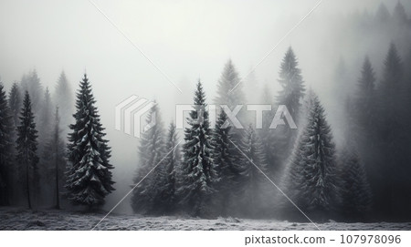 Pine trees in the fog - dark forest with dramatic light - generative AI 107978096