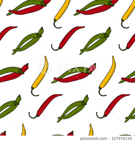 Abstract endless pattern of various chili peppers in trendy bright mexican color red, green, yellow 107978150