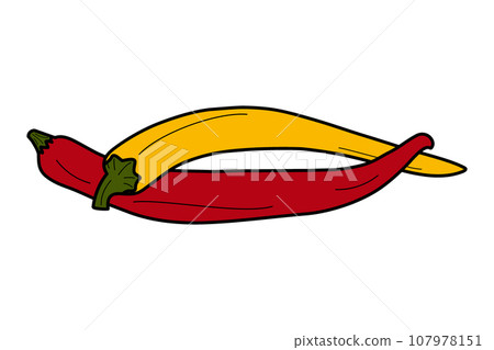 Intertwined red and yellow chili peppers. Mexican traditional condiment and spices. Isolate. Vector Intertwined red and yellow chili peppers. Mexican traditional condiment and spices. Isolate. Vector 107978151
