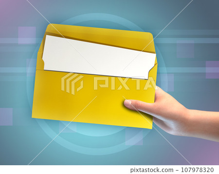 Hand holding an open envelope 107978320