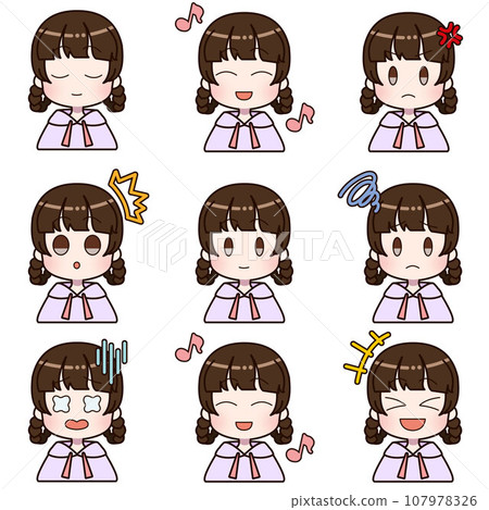 Different facial expression set for a girl wearing a hoodie 107978326
