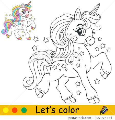 Starry rainbow cartoon unicorn kids coloring book page 107978441