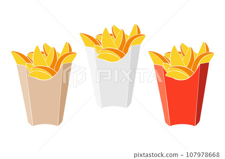 French free potatoes in package. Set of hand drawn fast food fried potatoes, isolated, white background. French free potatoes in package. Set of hand drawn fast food fried potatoes, isolated, white background. 107978668
