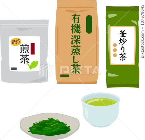 Illustration set of green tea leaves in bags 107979645