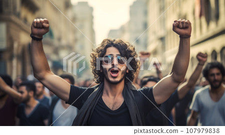 Arab guy raises his hands in protest and shouting during Palestinian rally. Young man at demonstration with crowd of people on city street. Concept of war in Middle East Arab guy raises his hands in protest and shouting during Palestinian rally. Young man at demonstration with crowd of people on city street. Concept of war in Middle East 107979838