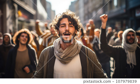 Portrait of Arab guy protesting during Palestinian rally, young man shouting at demonstration with crowd of people on city street. Concept of war in Middle East, conflic Portrait of Arab guy protesting during Palestinian rally, young man shouting at demonstration with crowd of people on city street. Concept of war in Middle East, conflic 107979839