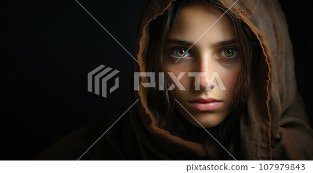 Arab girl wearing hijab on dark background, face of serious Palestinian young woman. Sad Middle Eastern teen in scarf looking at camera. Concept of youth Arab girl wearing hijab on dark background, face of serious Palestinian young woman. Sad Middle Eastern teen in scarf looking at camera. Concept of youth 107979843