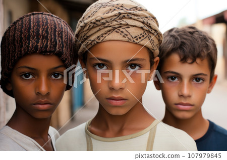 Arab boys portrait, serious Palestinian teenagers on street. Faces of sad kids looking at camera outdoor. Concept of independent, youth, character, muslim 107979845