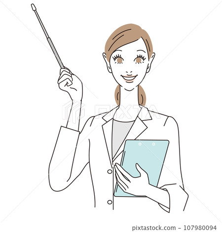 Upper body of a female doctor guiding with a pointing stick Upper body of a female doctor guiding with a pointing stick 107980094