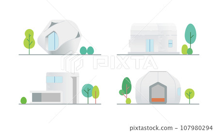 Illustration set of compact houses built with 3D printers Illustration set of compact houses built with 3D printers 107980294
