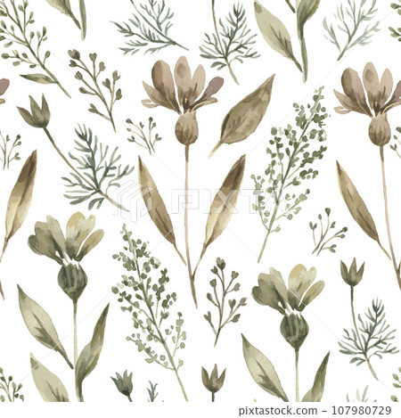 Watercolor seamless pattern with trendy dried plants and flowers. Hand drawn luxury print for decor and design Watercolor seamless pattern with trendy dried plants and flowers. Hand drawn luxury print for decor and design 107980729
