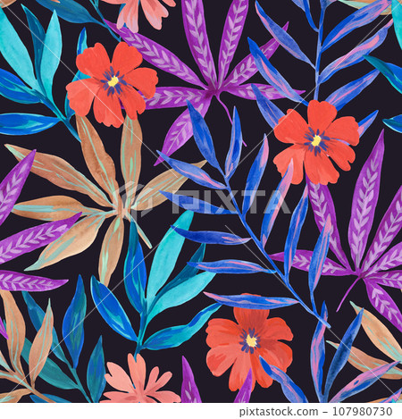 Floral seamless pattern. Textile print with watercolor colorful abstract plant elements, flowers and leaves. 107980730