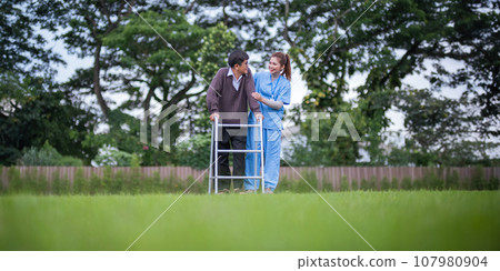 Nurse or caregiver hand on walking frame for support, help or trust moving leg in rehabilitation. Physiotherapy healthcare, Medical caregiver consulting disabled elderly patient at home Nurse or caregiver hand on walking frame for support, help or trust moving leg in rehabilitation. Physiotherapy healthcare, Medical caregiver consulting disabled elderly patient at home 107980904