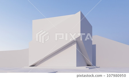 Abstract futuristic architecture design transparent cube shape, with sunset background . 3D illustration render 107980950