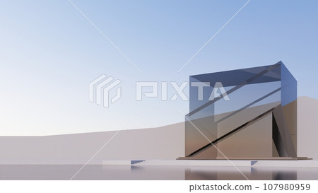 Abstract futuristic architecture design transparent cube shape, with sunset background . 3D illustration render 107980959