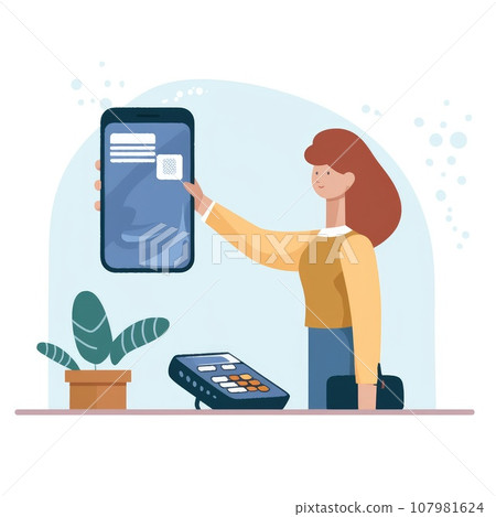 Cashless payment system set. Collection of images on which people pay with cards. Modern technology, cashless transaction, ewallet. generative ai 107981624
