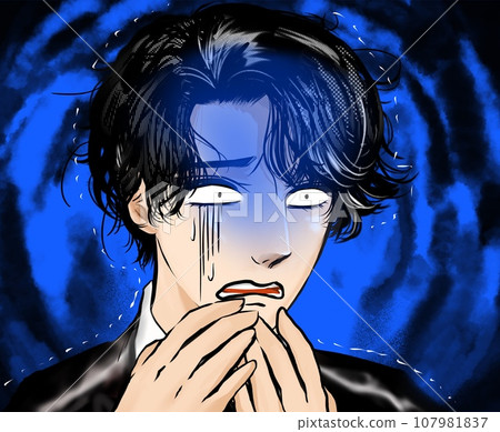 彩色卡通畫，描繪的是一個英俊、溫柔的男人，看起來蒼白、沮喪，背景是烏雲 107981837