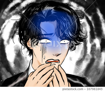 A dark cloud background of a color cartoon illustration of a handsome tender-looking man who looks pale and depressed. 107981843
