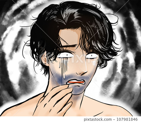 一幅卡通畫，描繪了一個男人的鬱鬱蔥蔥的藍色鬍鬚和頸須，臉色變得蒼白和絕望。 107981846