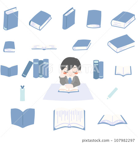 Color illustration set of a man reading at a table and a book viewed from various angles, blue Color illustration set of a man reading at a table and a book viewed from various angles, blue 107982297