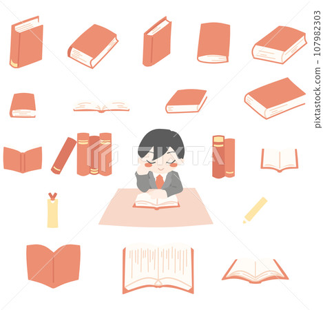 Color illustration set of a man reading at a table and a book viewed from various angles (red) 107982303
