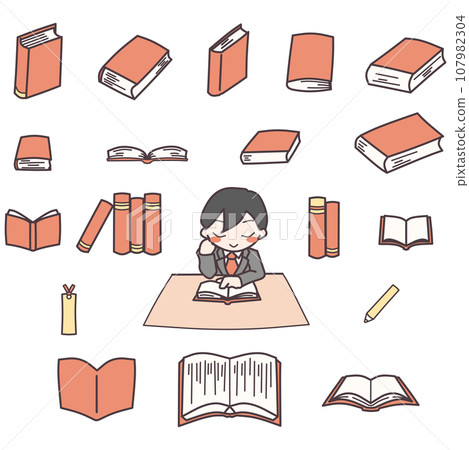 彩色插圖集:一個男人在桌上讀書,從不同角度看一本書(紅色) 彩色插圖集:一個男人在桌上讀書,從不同角度看一本書(紅色) 107982304