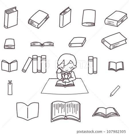 Line drawing set of a man reading at a table and a book viewed from various angles 107982305