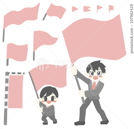 Illustration set of various flags and a man in a suit holding a flag Illustration set of various flags and a man in a suit holding a flag 107982429
