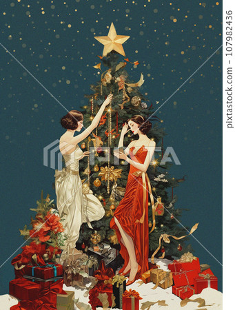 The Christmas tree is decorated by a woman dressed in a silver evening gown. Another woman in a bright red outfit is deep in reading a greeting card.  Gift boxes are scattered across the white flour 107982436