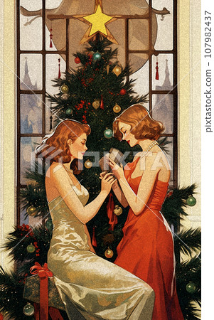 Against a sparkling Christmas tree and an exquisite French window stand two women. One of them unwraps a box, a gift from her female lover. The touching of their fingers speaks of endless tenderness Against a sparkling Christmas tree and an exquisite French window stand two women. One of them unwraps a box, a gift from her female lover. The touching of their fingers speaks of endless tenderness 107982437