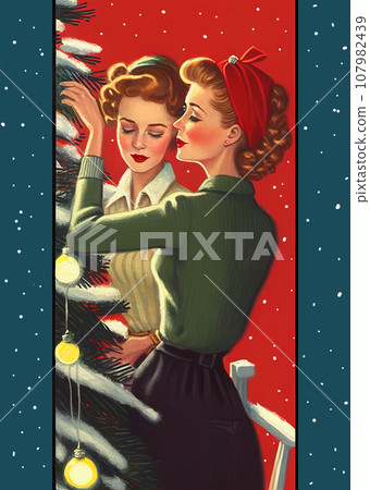 Two women decorate a Christmas tree. They share a romantic moment, barely looking at each other from beneath lowered eyelashes. The card is filled with vintage charm and intense passion. Two women decorate a Christmas tree. They share a romantic moment, barely looking at each other from beneath lowered eyelashes. The card is filled with vintage charm and intense passion. 107982439