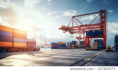 Crane loading cargo container import container ship. Generative AI Crane loading cargo container import container ship. Generative AI 107983073