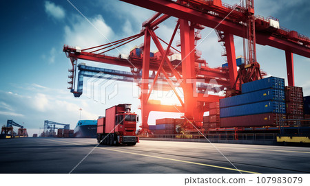 Crane loading cargo container import container ship. Generative AI Crane loading cargo container import container ship. Generative AI 107983079