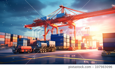 Crane loading cargo container import container ship. Generative AI 107983096