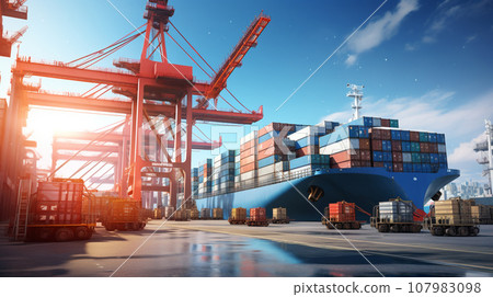 Crane loading cargo container import container ship. Generative AI 107983098