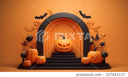 3d Podium with halloween decoration. Halloween concept. Generative AI 107983137