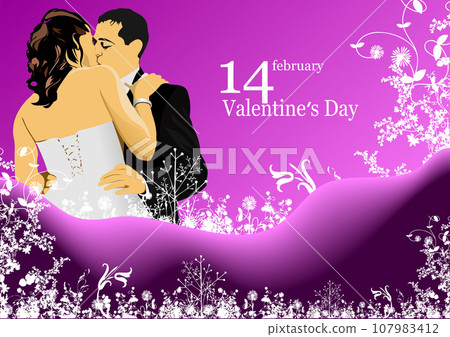 Valentine`s Day Greeting Card with kissing couple. Valentine`s Day Greeting Card with kissing couple. 107983412