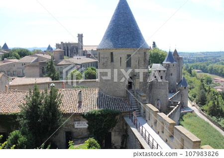 The walls of the historic fortified city of Carcassonne, France 107983826