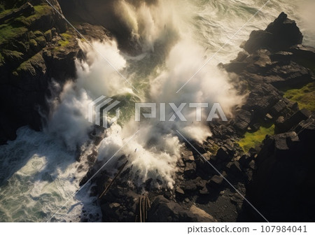Aerial view of rocky coastline. Waves hitting in rocks. Birds eye view of the sea, cinimatic sea and moutain view. AI Generative. 107984041