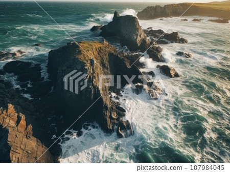 Aerial view of rocky coastline. Waves hitting in rocks. Birds eye view of the sea, cinimatic sea and moutain view. AI Generative. Aerial view of rocky coastline. Waves hitting in rocks. Birds eye view of the sea, cinimatic sea and moutain view. AI Generative. 107984045