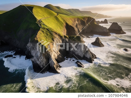 Aerial view of rocky coastline. Waves hitting in rocks. Birds eye view of the sea, cinimatic sea and moutain view. AI Generative. 107984046