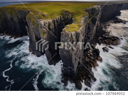 Aerial view of rocky coastline. Waves hitting in rocks. Birds eye view of the sea, cinimatic sea and moutain view. AI Generative. 107984052