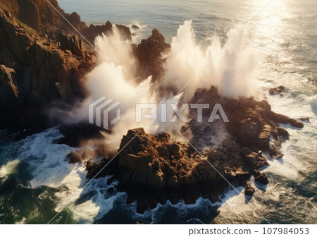 Aerial view of rocky coastline. Waves hitting in rocks. Birds eye view of the sea, cinimatic sea and moutain view. AI Generative. 107984053