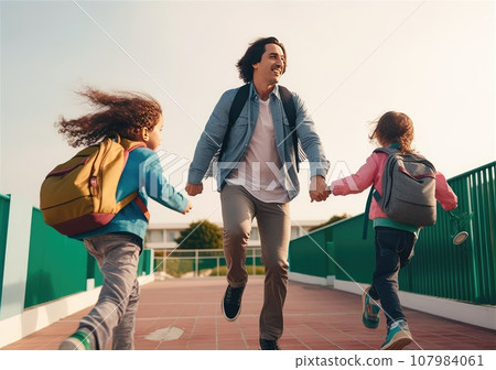 back to school children with backpack and father, Father and daughter going to school for the first time. AI Generative. 107984061
