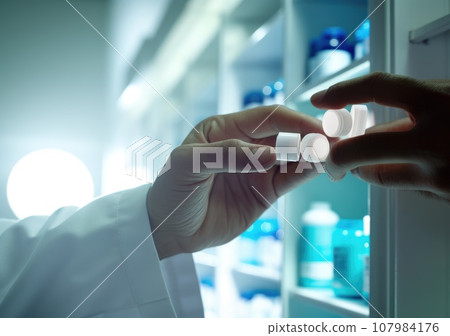close up of hand doctor putting pills into bottles for patients. 107984176