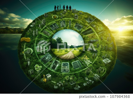 Crystal globe putting on moss, ESG icon for Environment Social and Governance, World sustainable environment concept. AI Generative. 107984368