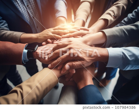 Diverse business people group put hands together in stack pile at training as concept of sales team corporate unity connection, teambuilding loyalty, support in teamwork, coaching, close up top view. 107984386