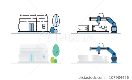 Illustration set of a compact house being constructed with a 3D printer 107984456