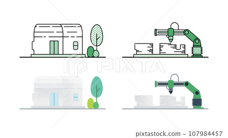 Illustration set of a compact house being constructed with a 3D printer Illustration set of a compact house being constructed with a 3D printer 107984457
