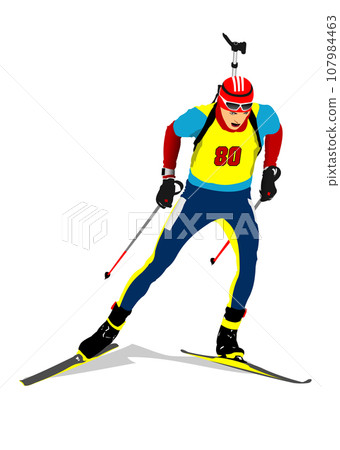 Biathlon runner colored silhouette. Shooting. 107984463